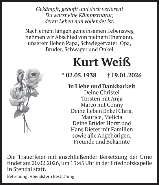 Traueranzeige von Kurt Weiß von Volksstimme Altmark Ost