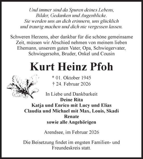 Traueranzeige von Kurt Heinz Pfoh von Volksstimme Altmark West