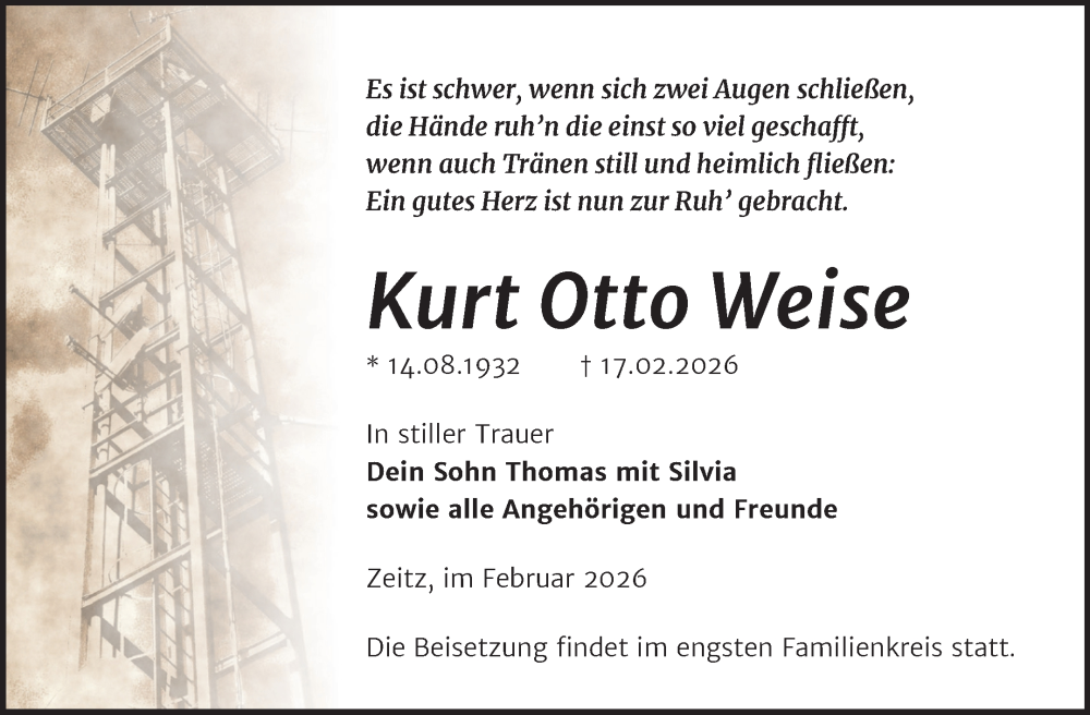  Traueranzeige für Kurt Otto Weise vom 28.02.2026 aus Trauerkombi Zeitz