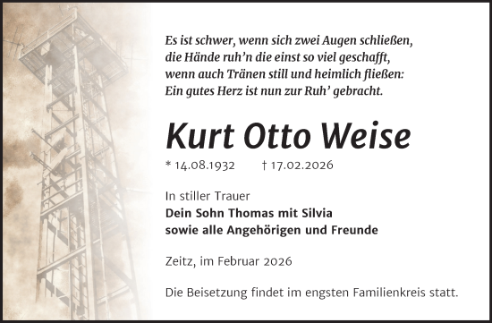Traueranzeige von Kurt Otto Weise von Trauerkombi Zeitz
