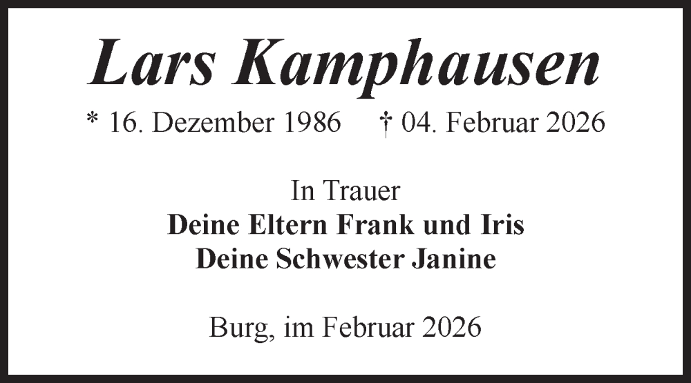  Traueranzeige für Lars Kamphausen vom 14.02.2026 aus Volksstimme Burg/Genthin