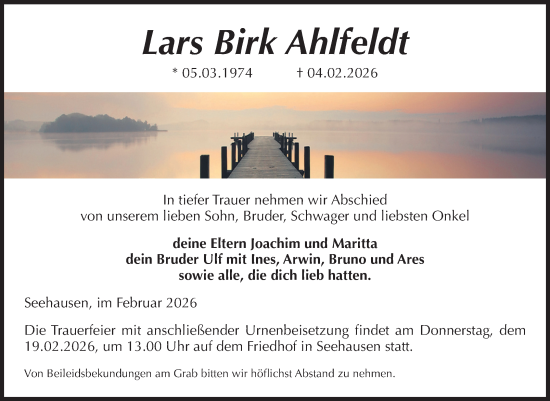 Traueranzeige von Lars Birk Ahlfeldt von Volksstimme Altmark Ost