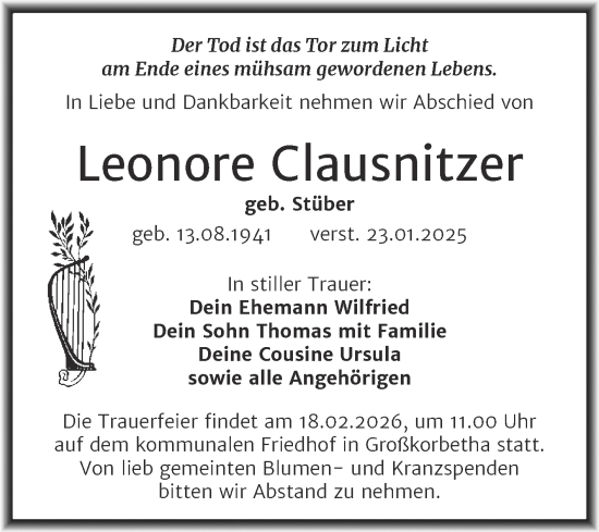 Traueranzeige von Leonore Clausnitzer von Trauerkombi Weißenfels