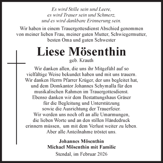 Traueranzeige von Liese Mösenthin von Volksstimme Altmark Ost