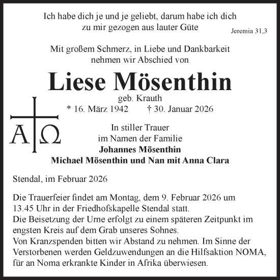Traueranzeige von Liese Mösenthin von Volksstimme Altmark Ost