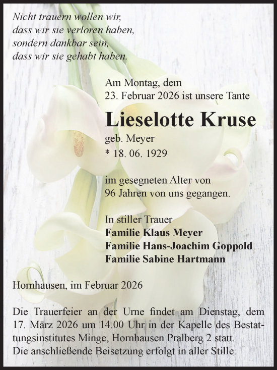 Traueranzeige von Lieselotte Kruse von Volksstimme Oschersleben/Wanzleben