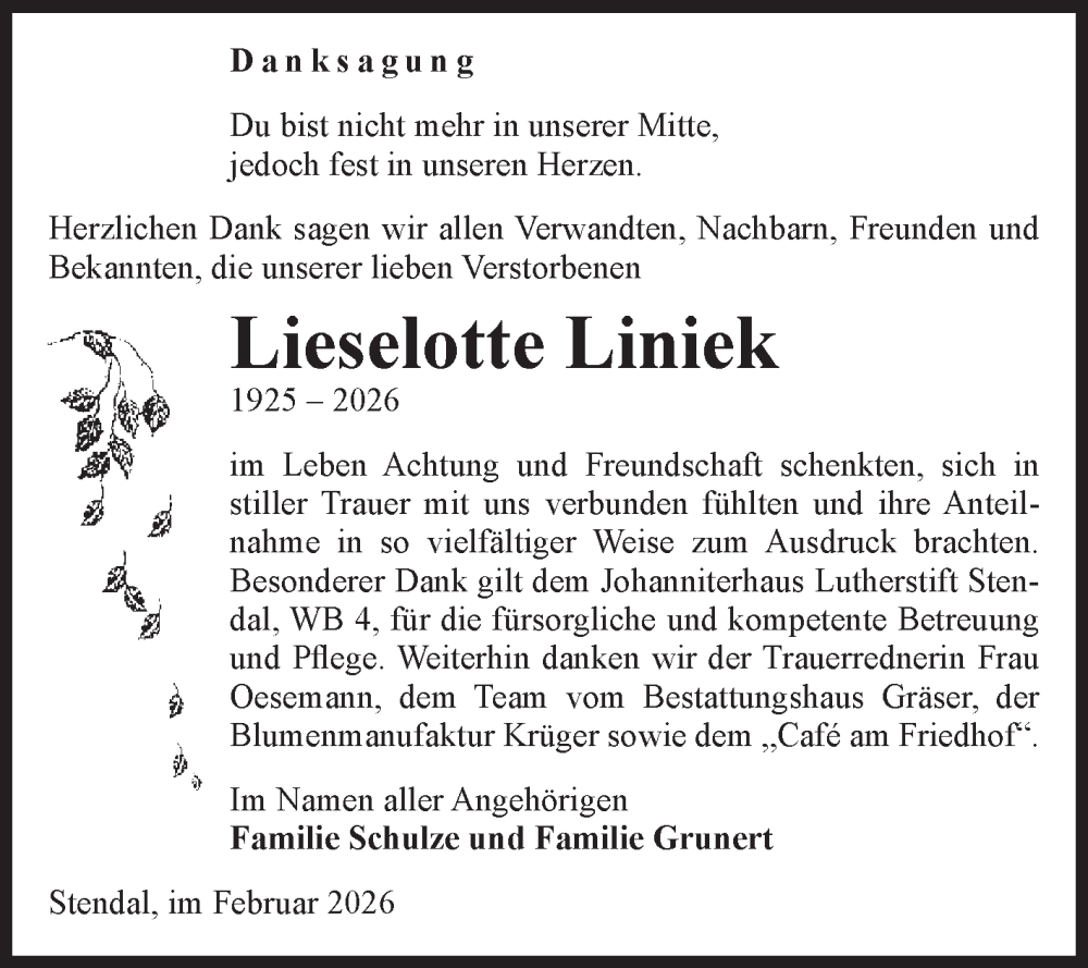  Traueranzeige für Lieselotte Liniek vom 07.02.2026 aus Volksstimme Altmark Ost