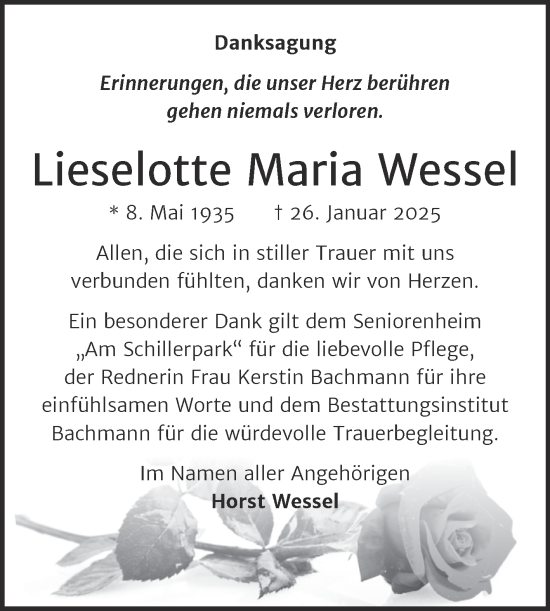 Traueranzeige von Lieselotte Maria Wessel von Trauerkombi Dessau