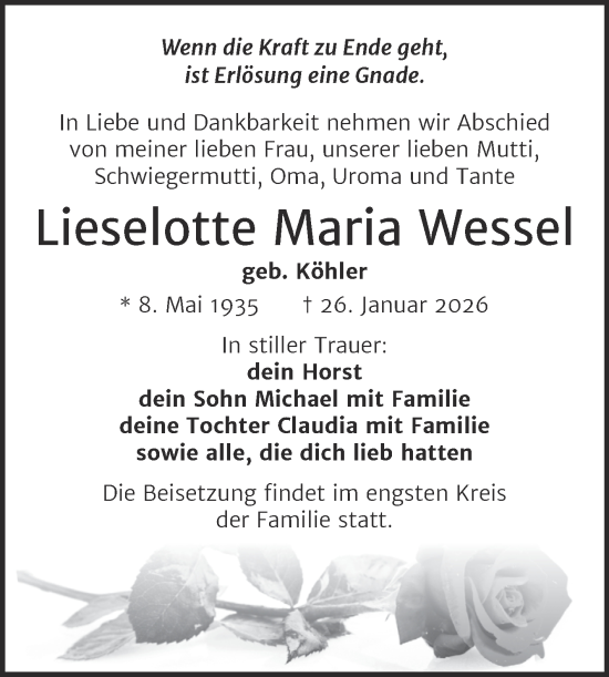 Traueranzeige von Lieselotte Maria Wessel von Trauerkombi Dessau