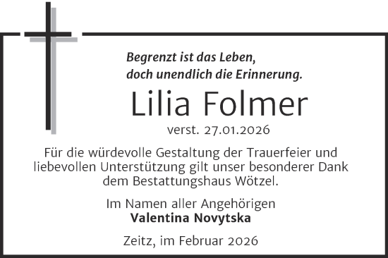 Traueranzeige von Lilia Folmer von Trauerkombi Zeitz