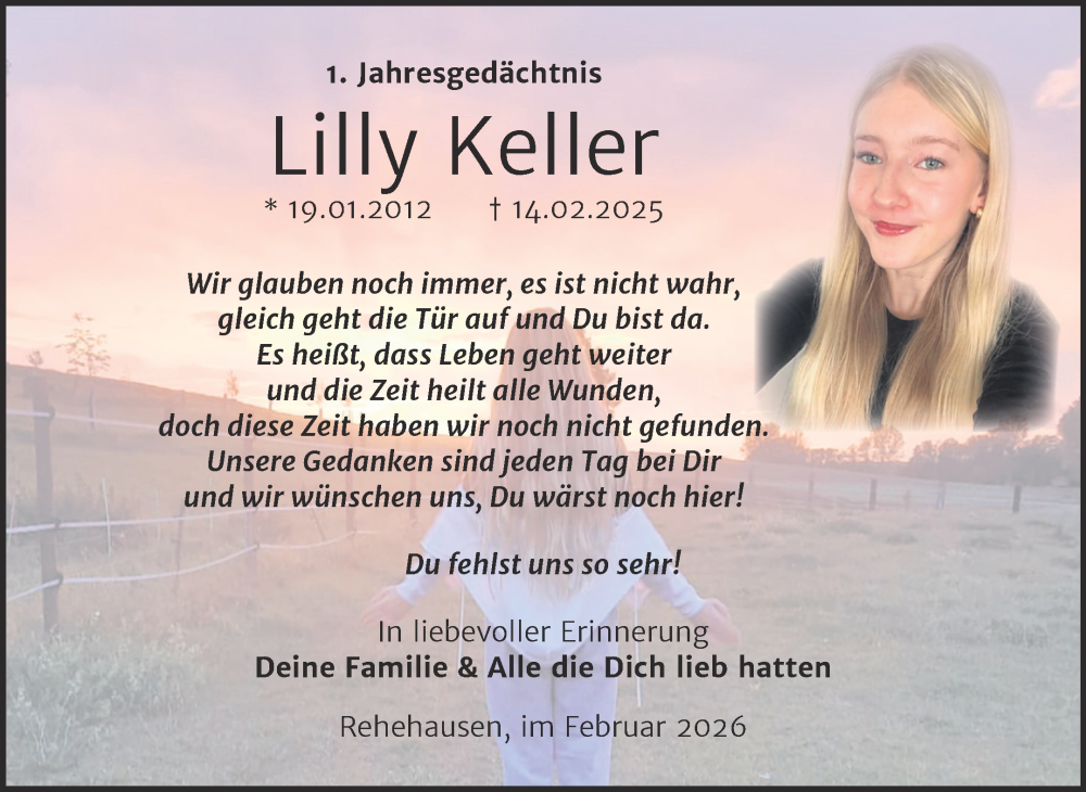  Traueranzeige für Lilly Keller vom 14.02.2026 aus Super Sonntag Naumburg/Nebra