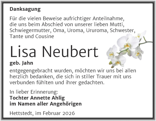 Traueranzeige von Lisa Neubert von Trauerkombi Mansfelder Land
