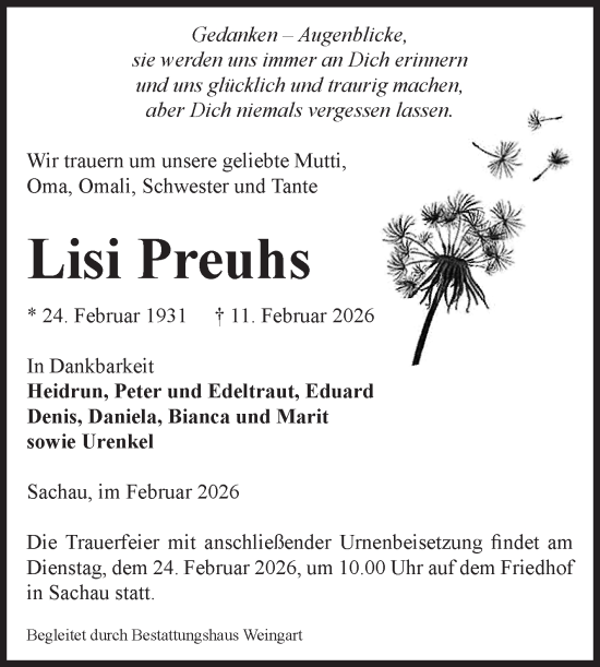 Traueranzeige von Lisi Preuhs von Volksstimme Altmark West