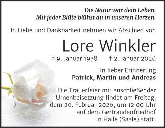 Traueranzeige von Lore Winkler von Mitteldeutsche Zeitung Halle/Saalkreis