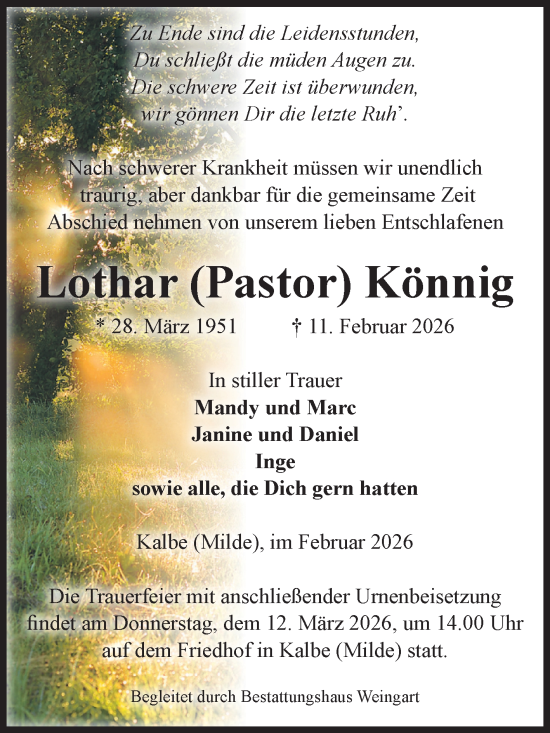 Traueranzeige von Lothar Könnig von Volksstimme Altmark West