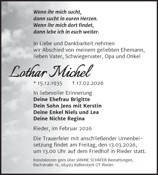 Traueranzeige von Lothar Michel von Trauerkombi Quedlinburg