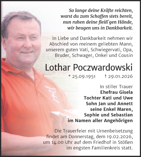 Traueranzeige von Lothar Poczwardowski von Super Sonntag Naumburg/Nebra