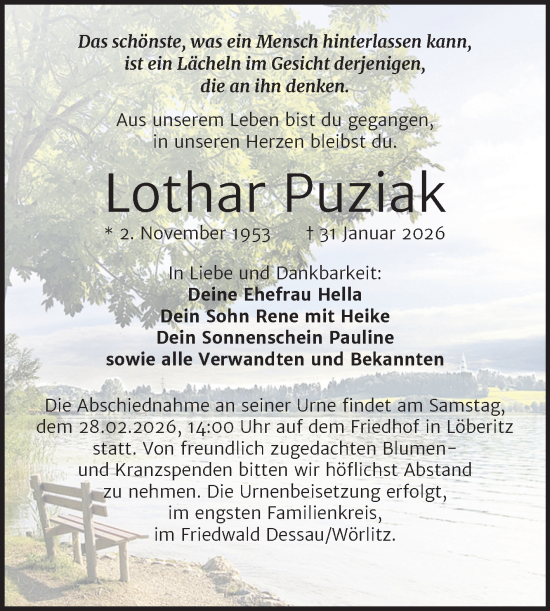 Traueranzeige von Lothar Puziak von Trauerkombi Bitterfeld