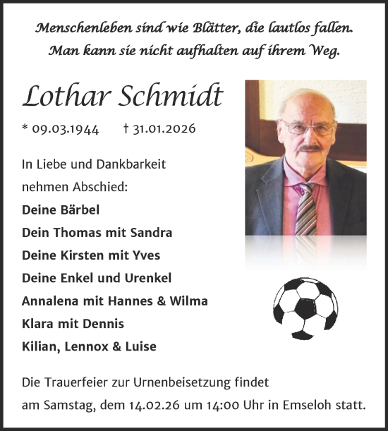 Traueranzeige von Lothar Schmidt von Trauerkombi Sangerhausen