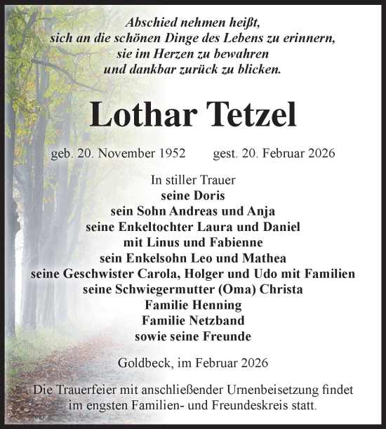 Traueranzeige von Lothar Tetzel von Volksstimme Altmark Ost