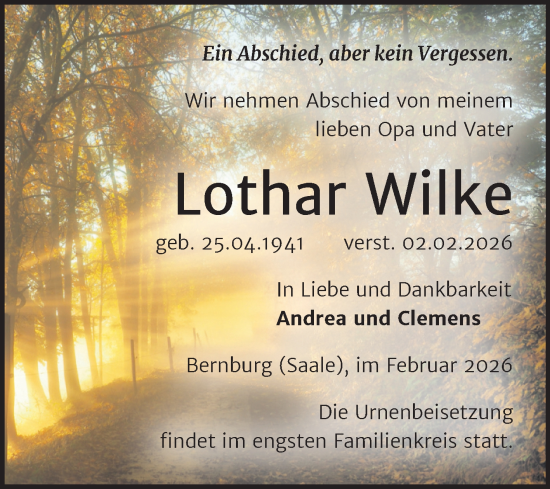 Traueranzeige von Lothar Wilke von Trauerkombi Bernburg