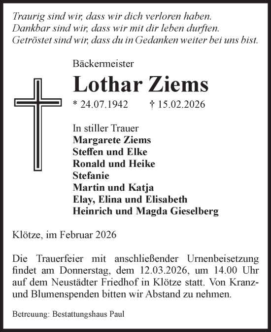 Traueranzeige von Lothar Ziems von Volksstimme Altmark West