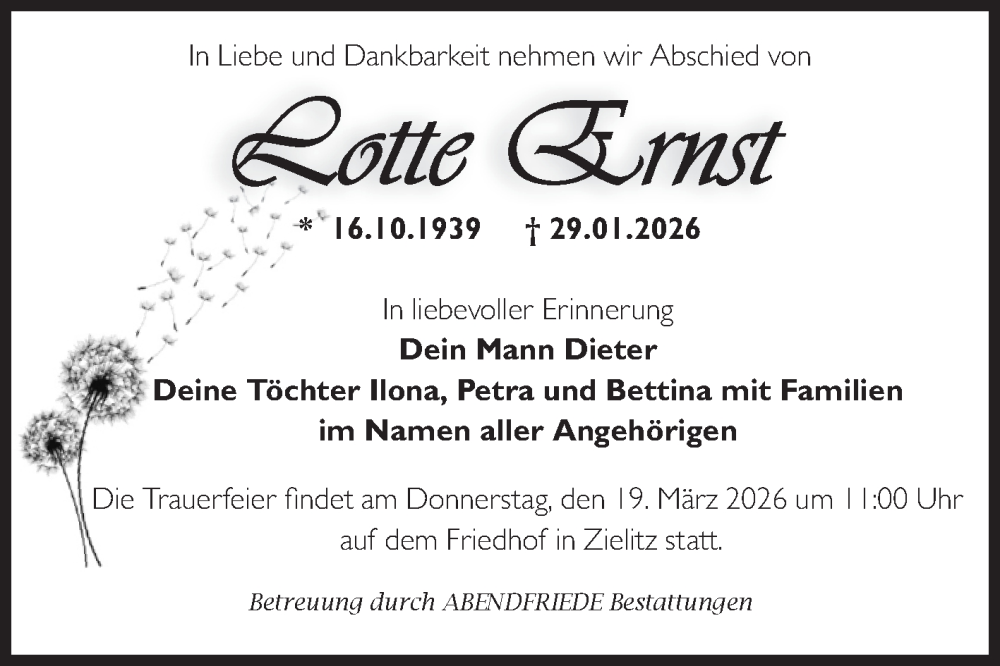  Traueranzeige für Lotte Ernst vom 14.02.2026 aus Volksstimme Haldensleben/Wolmirstedt