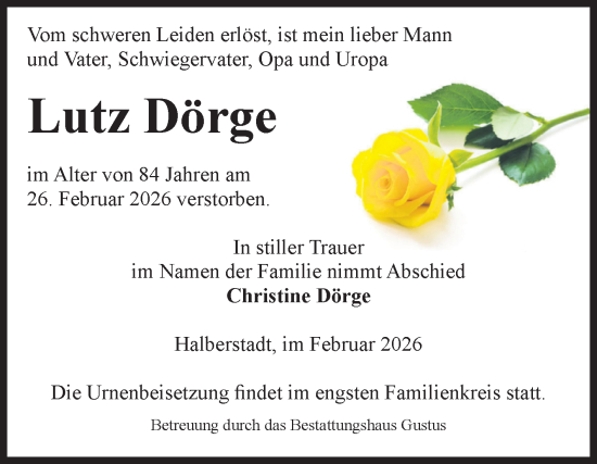 Traueranzeige von Lutz Dörge von Volksstimme Halberstadt