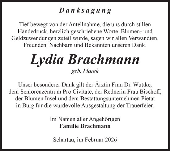 Traueranzeige von Lydia Brachmann 