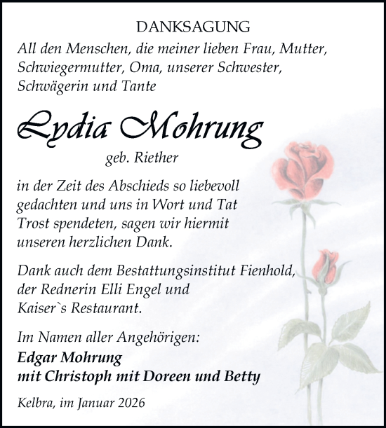 Traueranzeige von Lydia Mohrung von Trauerkombi Sangerhausen