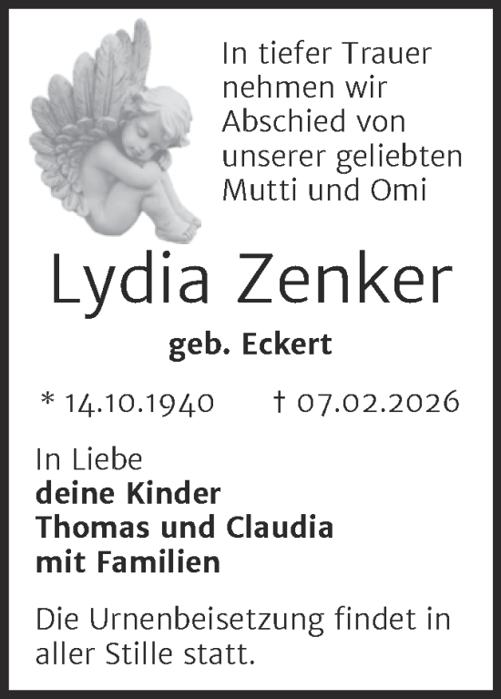 Traueranzeige von Lydia Zenker von Trauerkombi Wittenberg