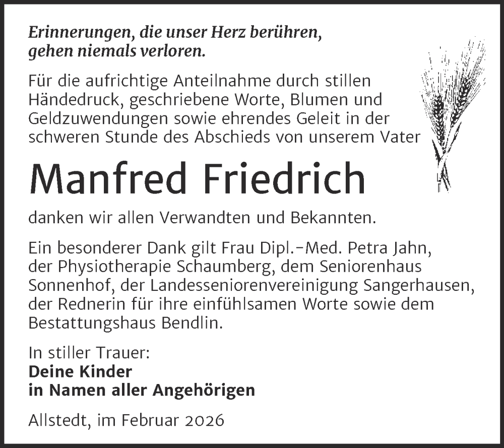  Traueranzeige für Manfred Friedrich vom 14.02.2026 aus Trauerkombi Sangerhausen