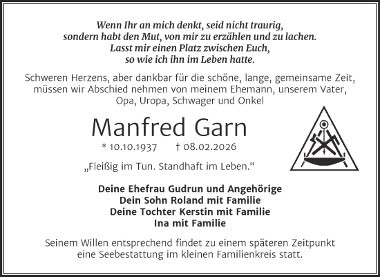 Traueranzeige von Manfred Garn von Trauerkombi Merseburg