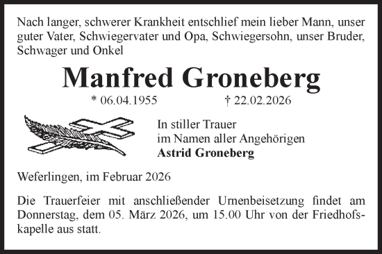 Traueranzeige von Manfred Groneberg von Volksstimme Haldensleben/Wolmirstedt