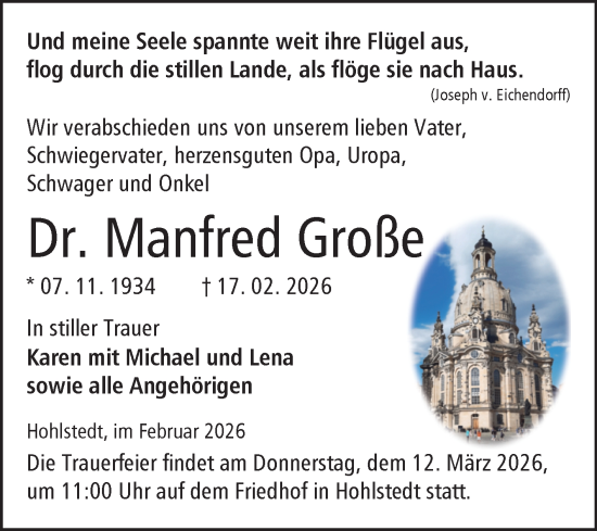 Traueranzeige von Manfred Große von Trauerkombi Sangerhausen