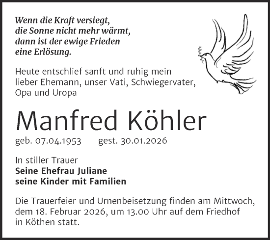 Traueranzeige von Manfred Köhler von Trauerkombi Köthen