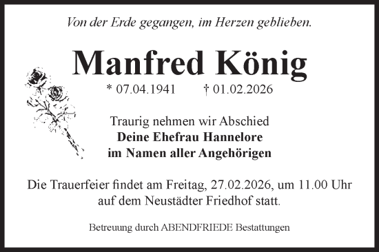 Traueranzeige von Manfred König von Volksstimme Magdeburg