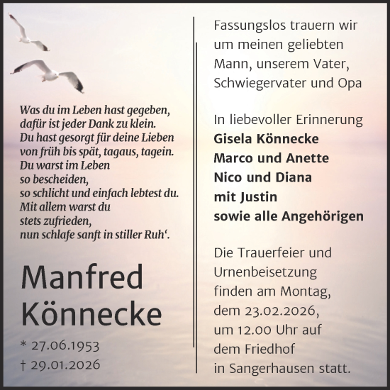 Traueranzeige von Manfred Könnecke von Trauerkombi Sangerhausen