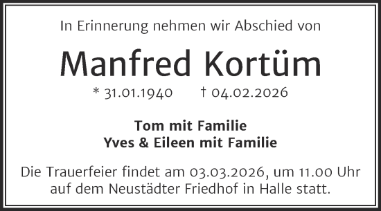 Traueranzeige von Manfred Kortüm von Mitteldeutsche Zeitung Halle/Saalkreis