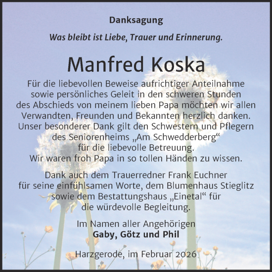 Traueranzeige von Manfred Koska von Super Sonntag Quedlingburg