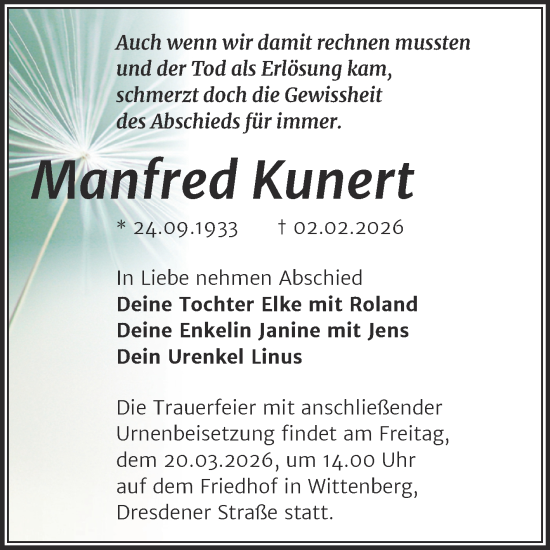 Traueranzeige von Manfred Kunert von Trauerkombi Wittenberg