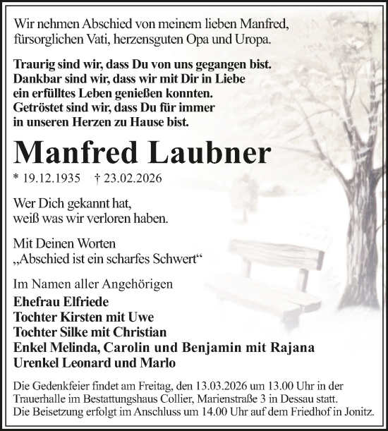 Traueranzeige von Manfred Laubner von Trauerkombi Wittenberg