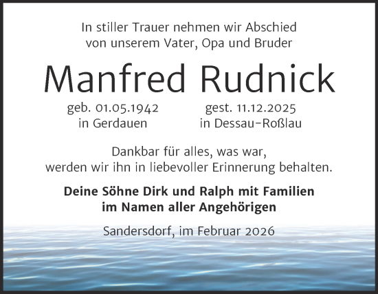 Traueranzeige von Manfred Rudnick von Trauerkombi Bitterfeld