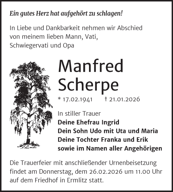 Traueranzeige von Manfred Scherpe von Trauerkombi Merseburg
