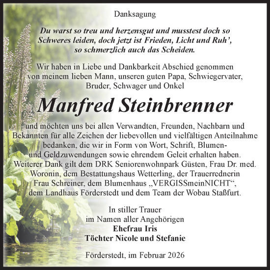 Traueranzeige von Manfred Steinbrenner von Volksstimme Staßfurt