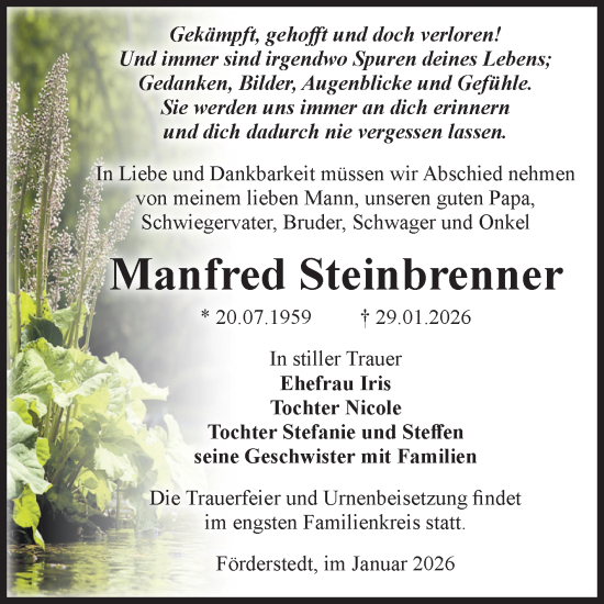Traueranzeige von Manfred Steinbrenner von Volksstimme Staßfurt
