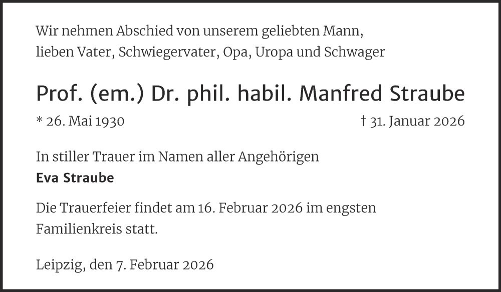  Traueranzeige für Manfred Straube vom 07.02.2026 aus Trauerkombi Weißenfels