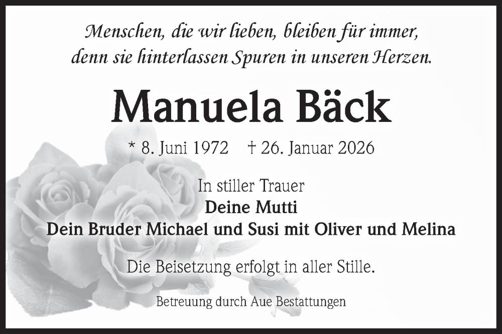 Traueranzeige für Manuela Bäck vom 07.02.2026 aus Volksstimme Magdeburg