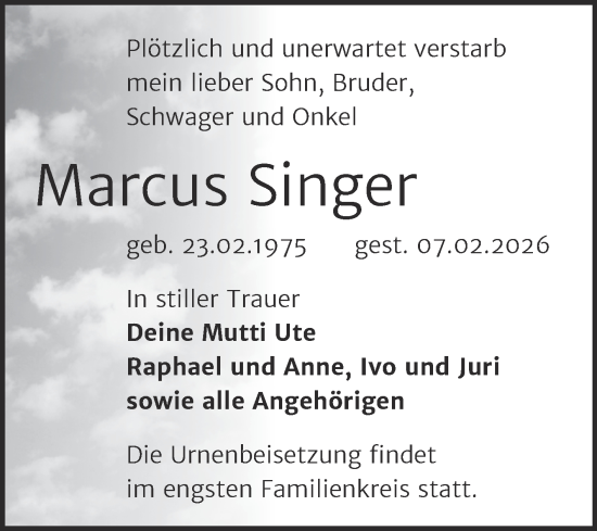 Traueranzeige von Marcus Singer von Trauerkombi Wittenberg