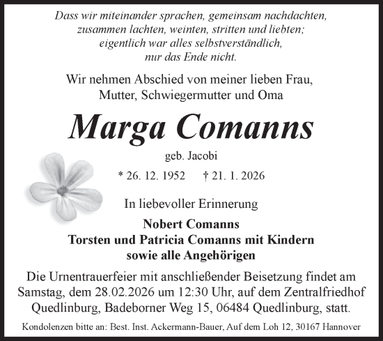 Traueranzeige von Marga Comanns von Mitteldeutsche Zeitung Quedlingburg